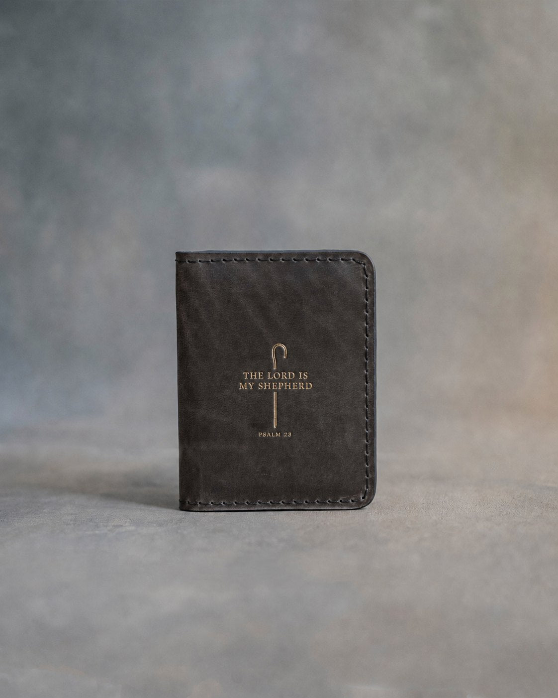 The Lord Is My Shepherd Psalm 23 Country Gray full-grain leather wallet, Christian scripture gift