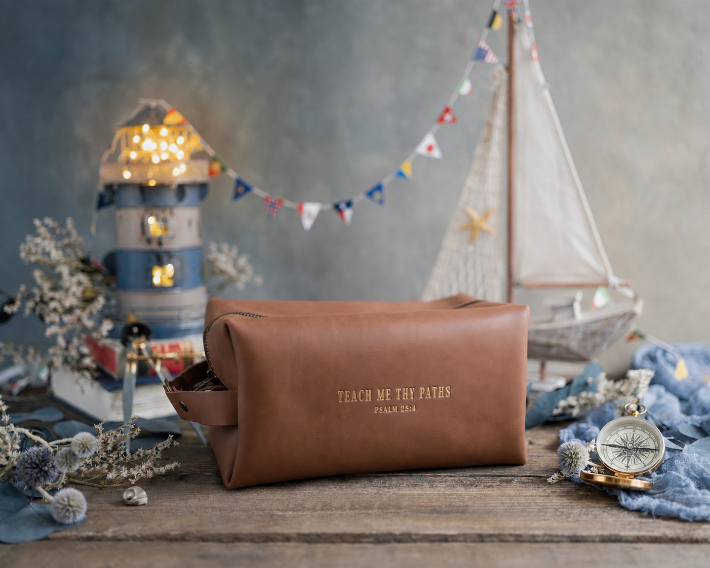 Teach Me Thy Paths Psalm 25:4 Caramel full-grain leather dopp kit, Christian scripture gift