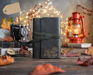 Psalm 27:1 leather journal – "the lord is my light" bible verse gift