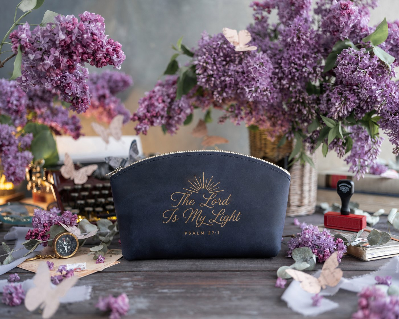 The Lord Is My Light Psalm 27:1 Blueberry full-grain leather makeup bag, Christian scripture gift