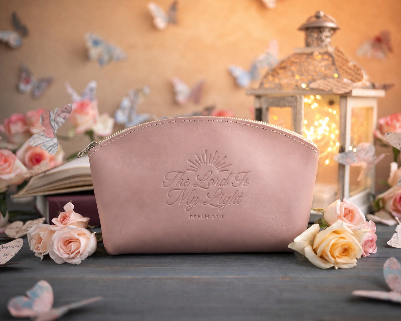 The Lord Is My Light Psalm 27:1 Blush full-grain leather makeup bag, Christian scripture gift