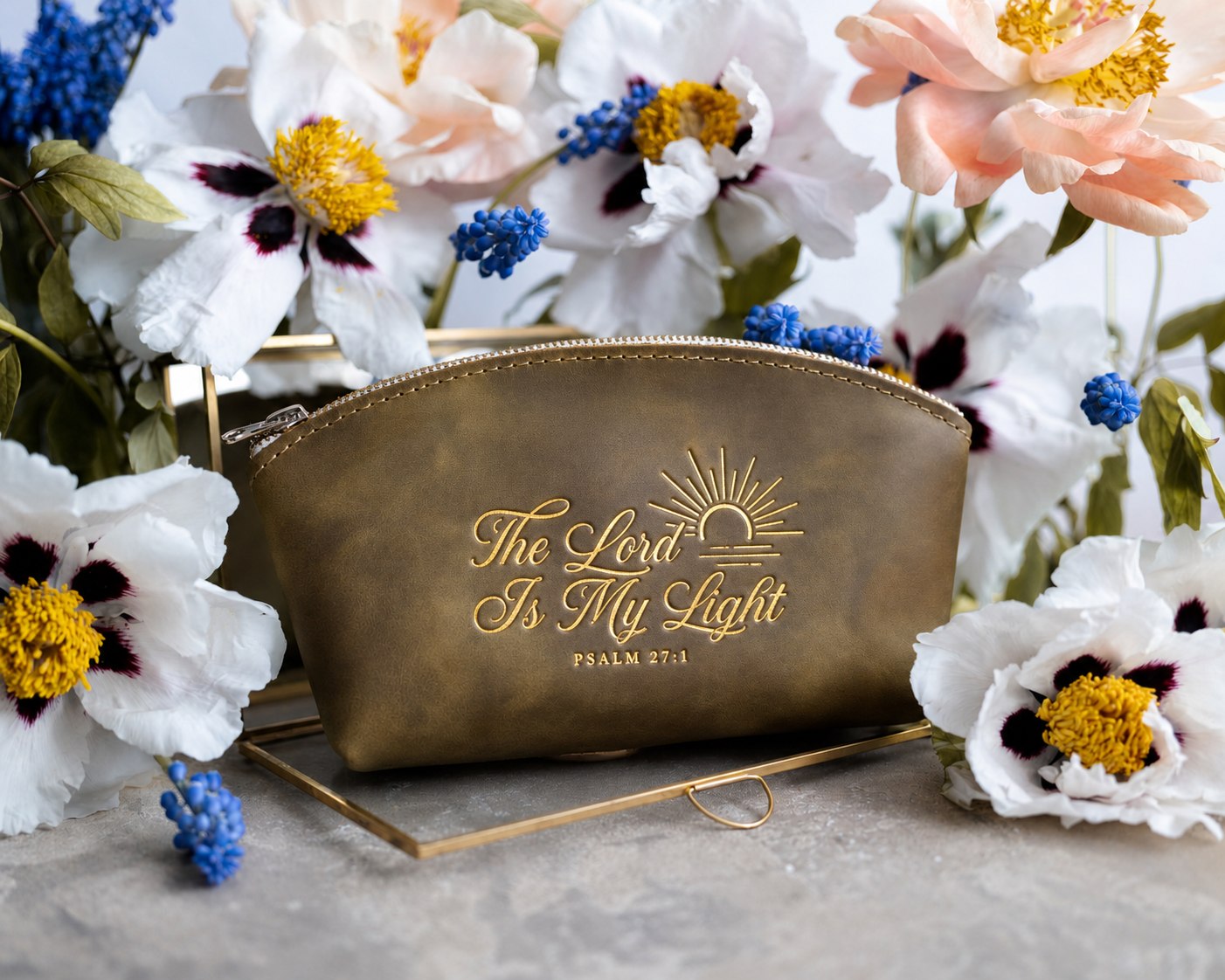 The Lord Is My Light Psalm 27:1 full-grain leather makeup bag, Christian scripture gift