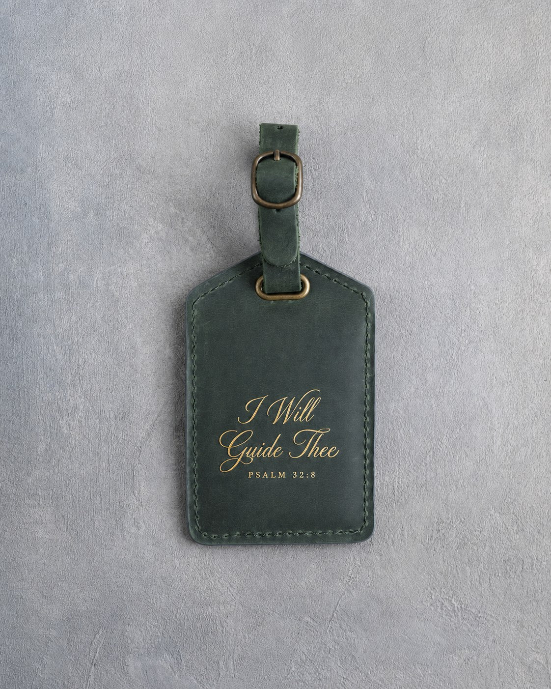 I Will Guide Thee Psalm 32:8 Forest Green full-grain leather luggage tag, Christian scripture gift