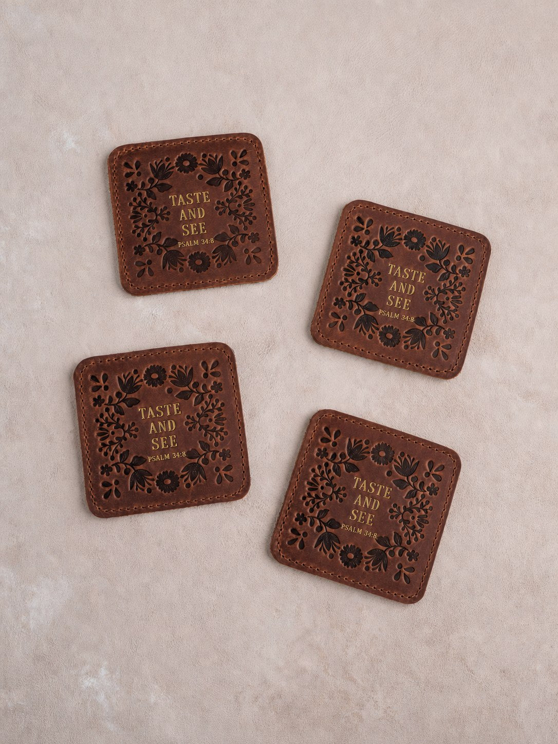 Taste And See Psalm 34:8 set of leather coasters, Christian scripture gift