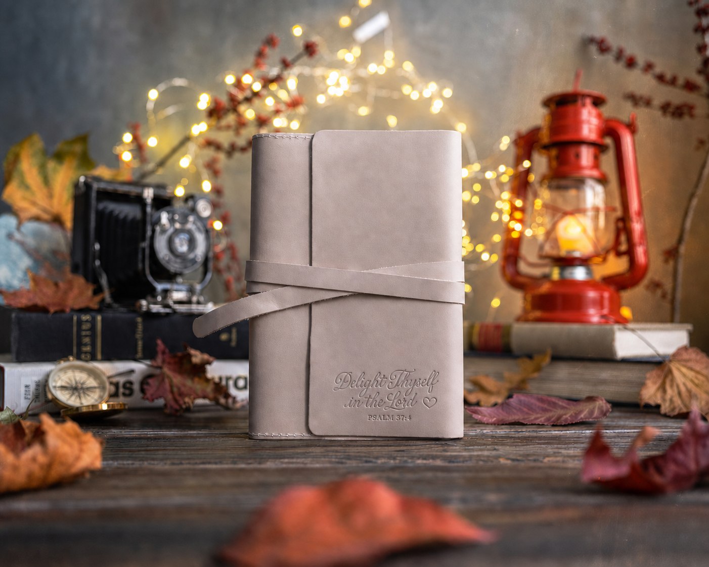 Delight Thyself In The Lord Psalm 37:4 Gray Sand handcrafted leather journal, Christian scripture gift