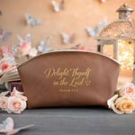 Delight Thyself In The Lord Psalm 37:4 Caramel full-grain leather makeup bag, Christian scripture gift