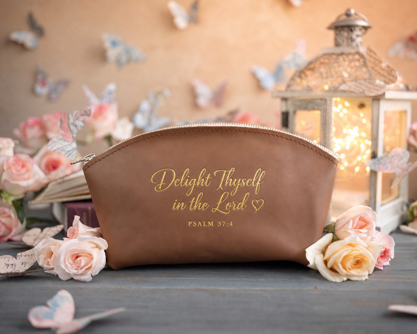 Delight Thyself In The Lord Psalm 37:4 Caramel full-grain leather makeup bag, Christian scripture gift