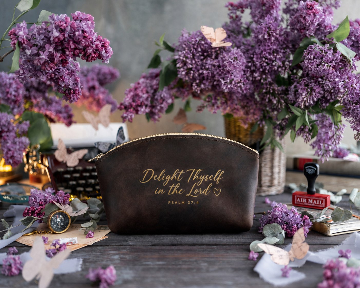 Delight Thyself In The Lord Psalm 37:4 Dark Espresso full-grain leather makeup bag, Christian scripture gift