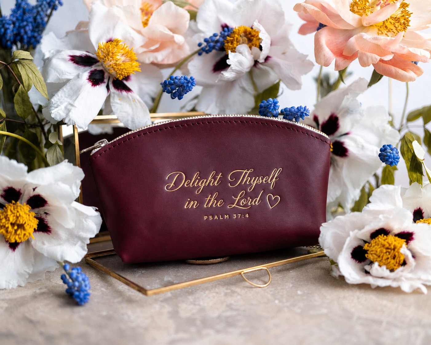 Delight Thyself In The Lord Psalm 37:4 full-grain leather makeup bag, Christian scripture gift