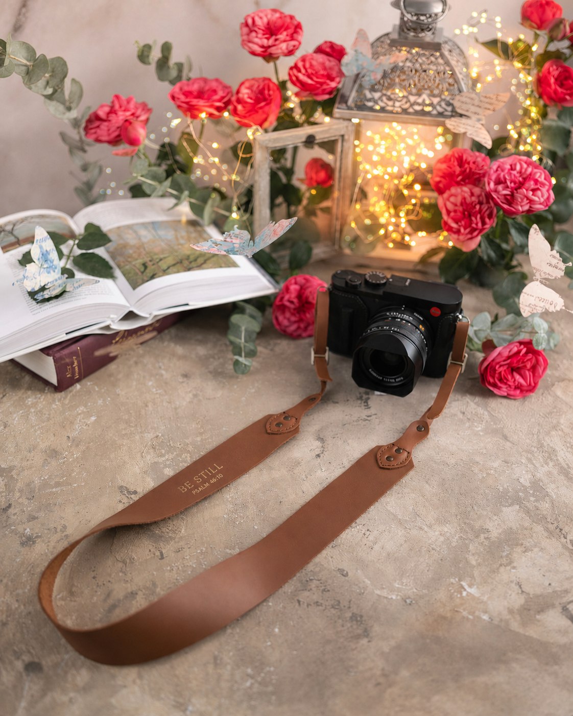 Be Still Psalm 46:10 Caramel full-grain leather camera strap, Christian scripture gift
