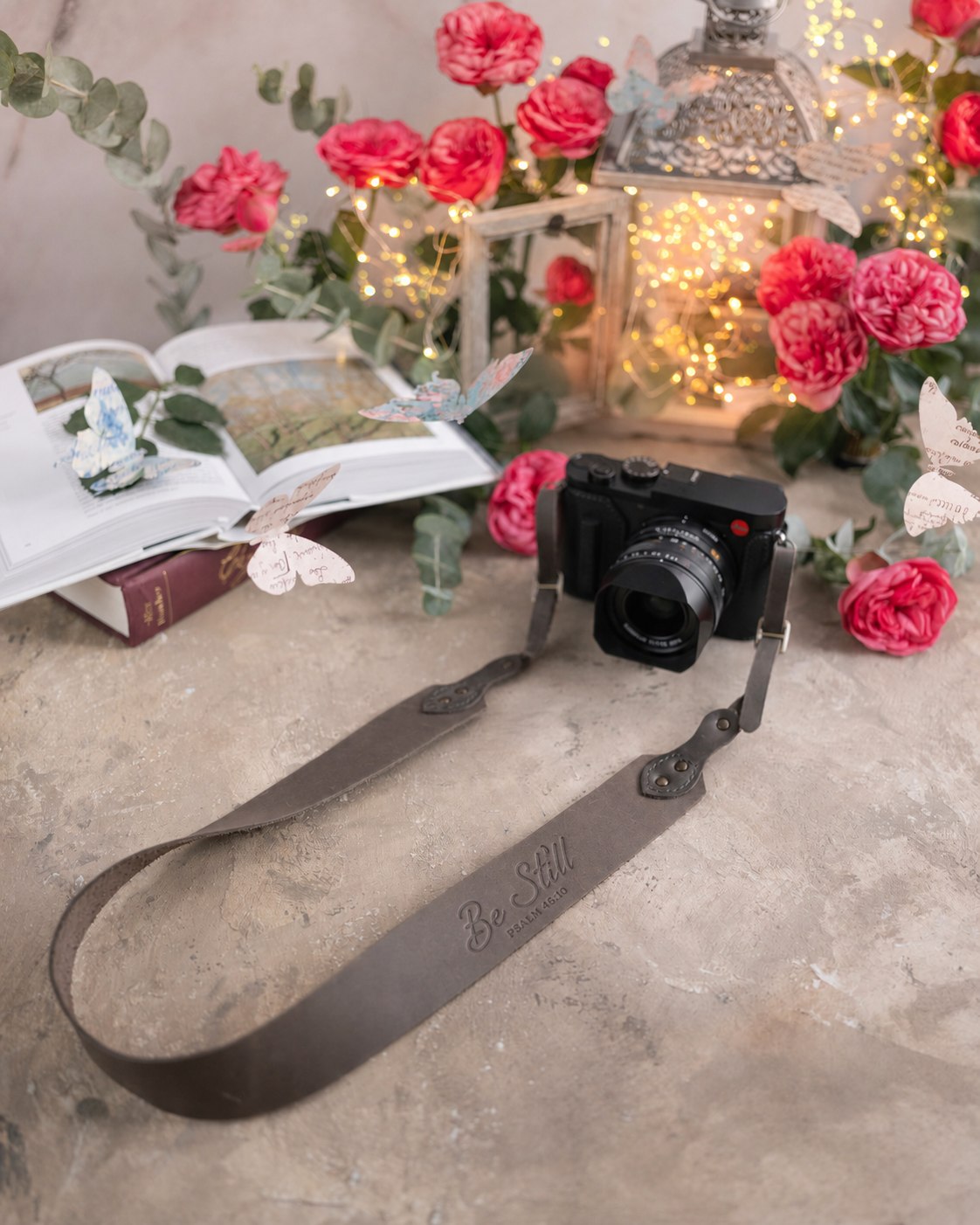 Be Still Psalm 46:10 Country Gray full-grain leather camera strap, Christian scripture gift