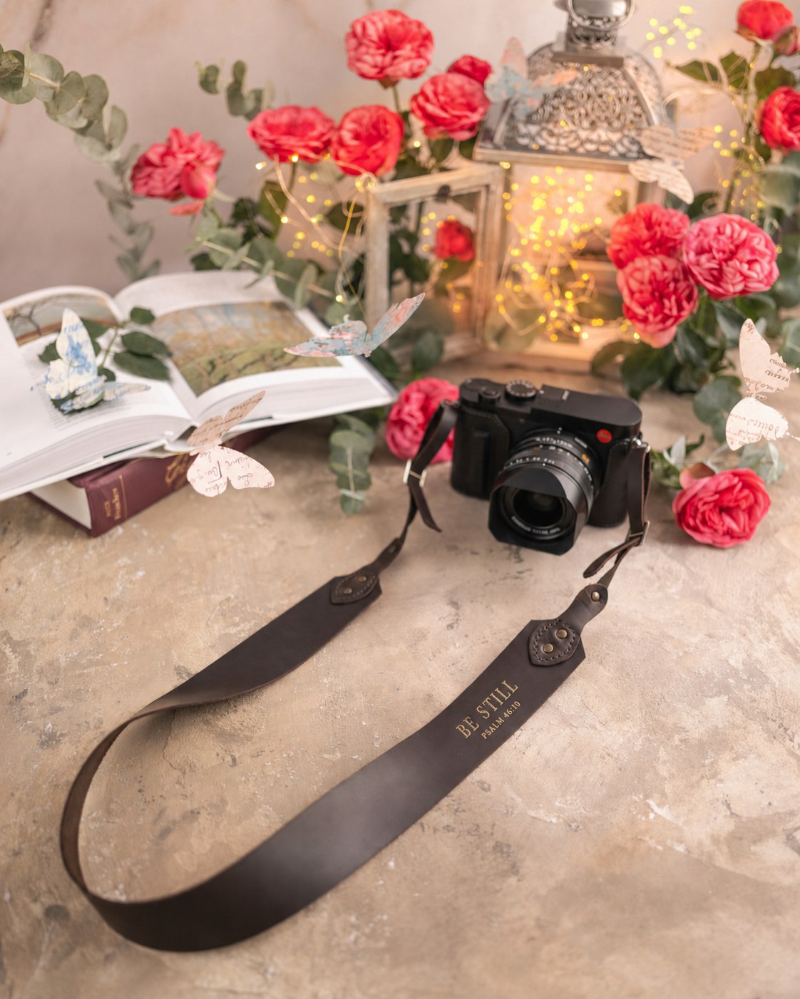 Be Still Psalm 46:10 Dark Espresso full-grain leather camera strap, Christian scripture gift