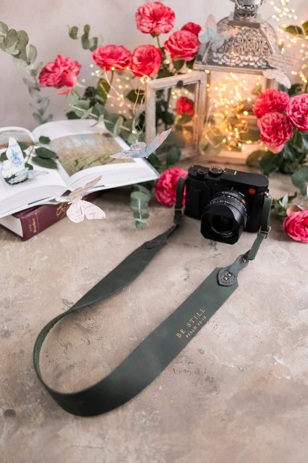 Be Still Psalm 46:10 Forest Green full-grain leather camera strap, Christian scripture gift