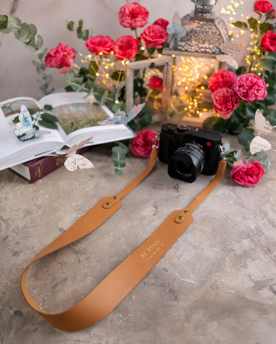 Be Still Psalm 46:10 Indian Summer full-grain leather camera strap, Christian scripture gift