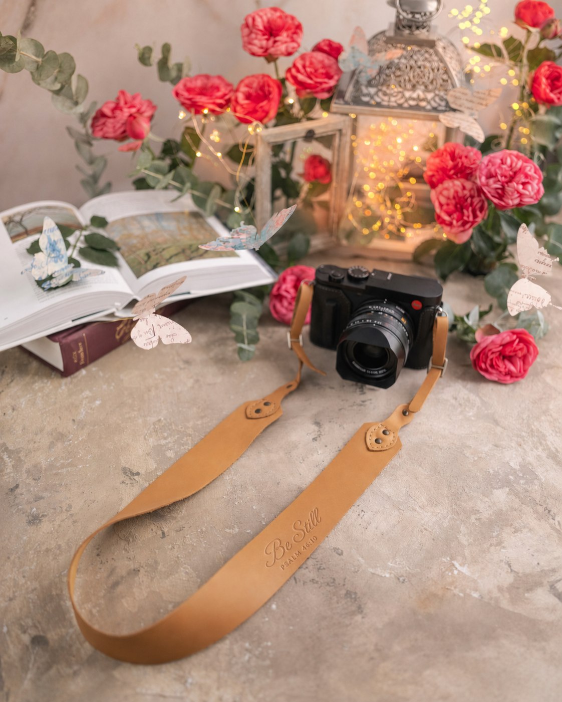Be Still Psalm 46:10 Indian Summer full-grain leather camera strap, Christian scripture gift