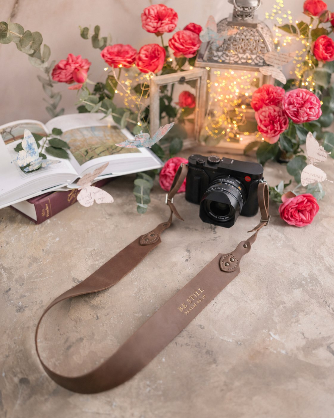 Be Still Psalm 46:10 Sicilian Brown full-grain leather camera strap, Christian scripture gift