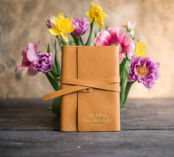 Psalm 46:10 leather journal – "be still & know" bible verse gift