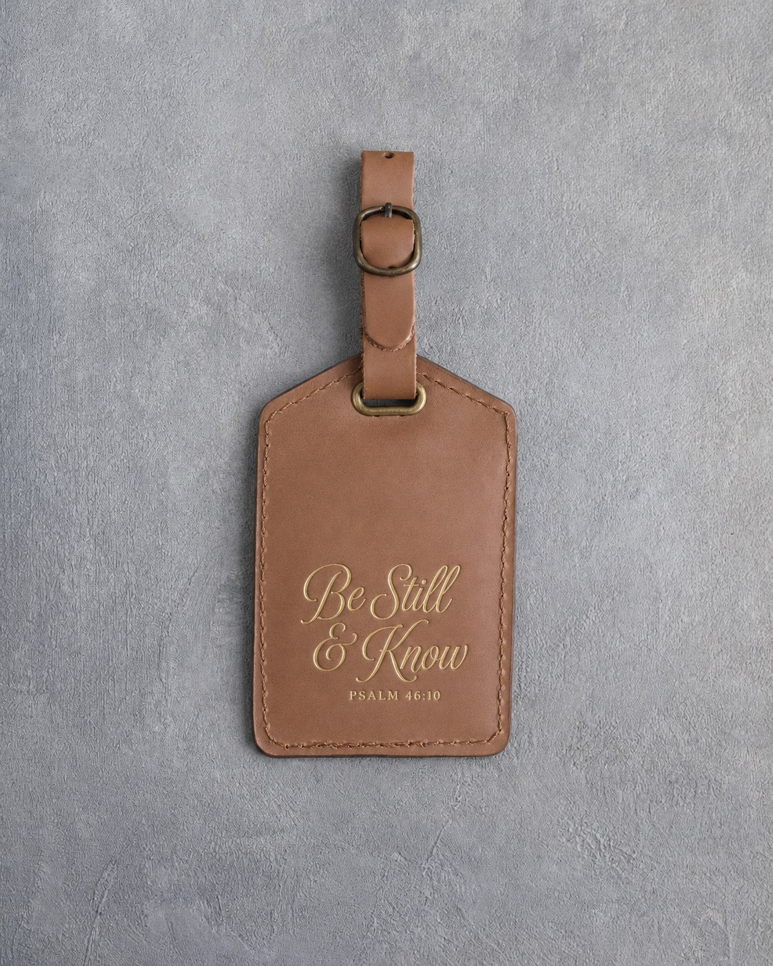 Be Still & Know Psalm 46:10 Caramel full-grain leather luggage tag, Christian scripture gift