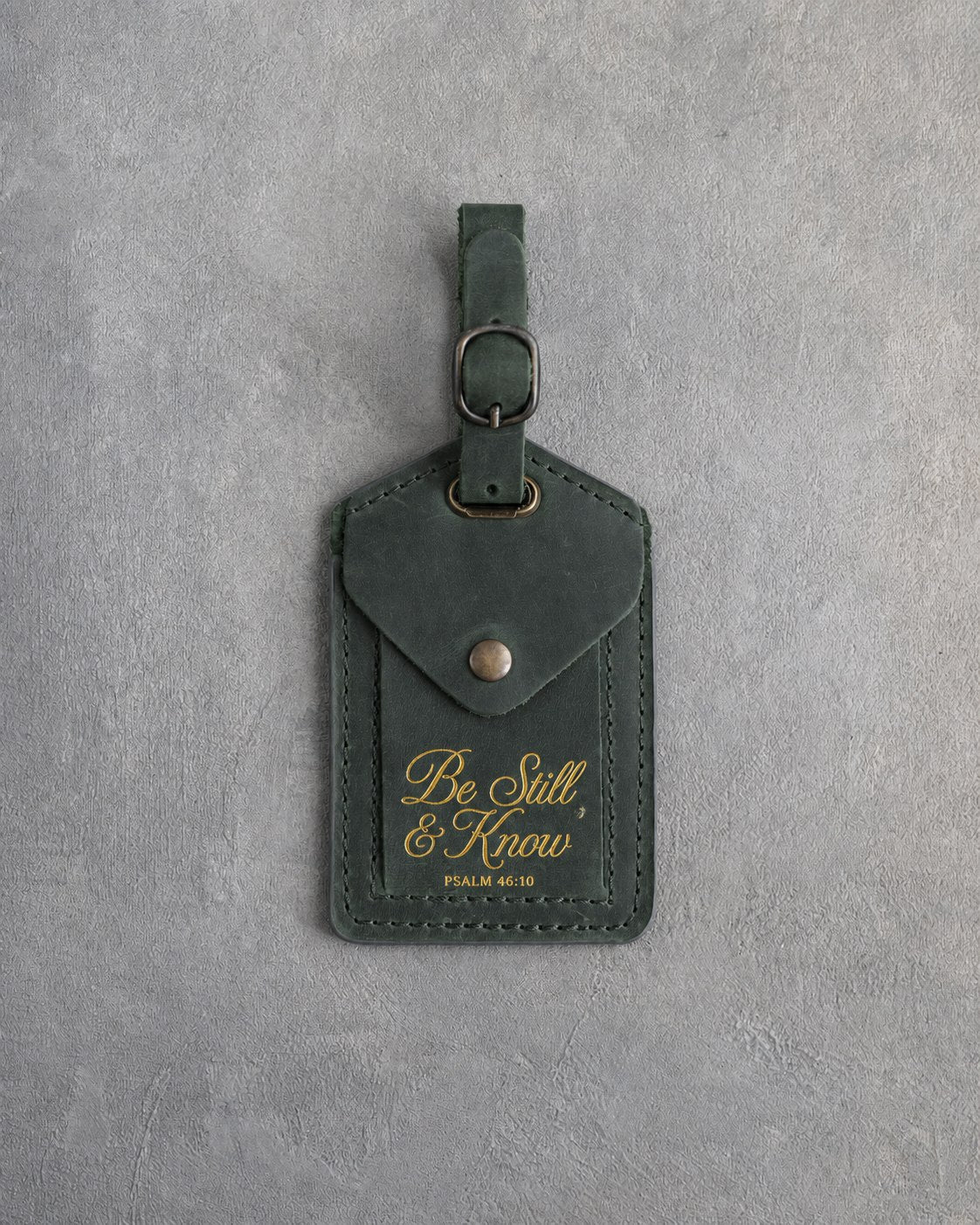 Be Still & Know Psalm 46:10 Forest Green full-grain leather luggage tag, Christian scripture gift