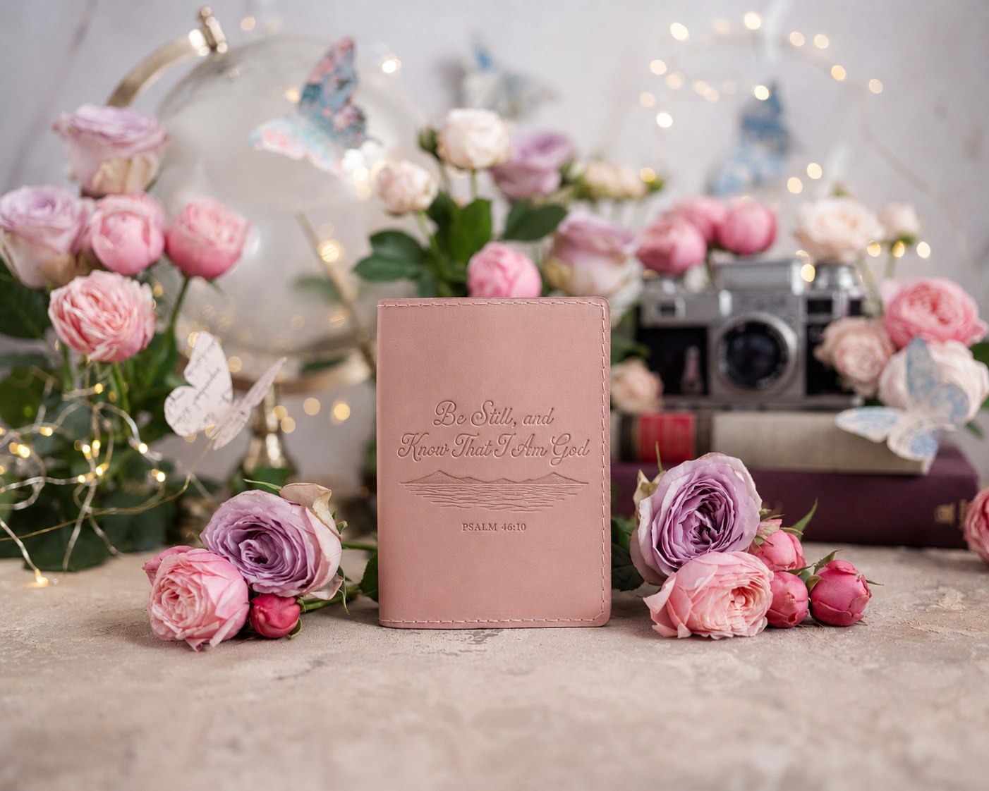 Be Still & Know Psalm 46:10 Blush full-grain leather passport cover, Christian scripture gift