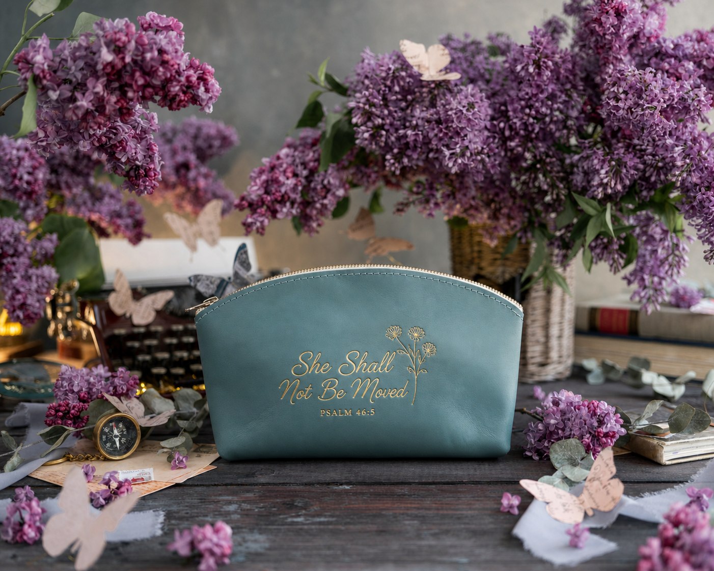 She Shall Not Be Moved Psalm 46:5 full-grain leather makeup bag, Christian scripture gift