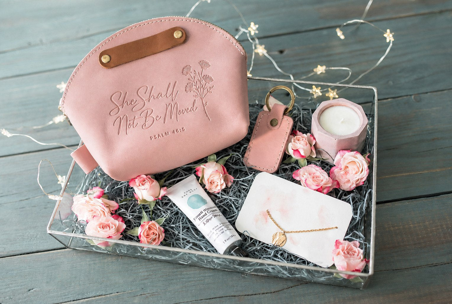 She Shall Not Be Moved Psalm 46:5 full-grain leather makeup bag, Christian scripture gift