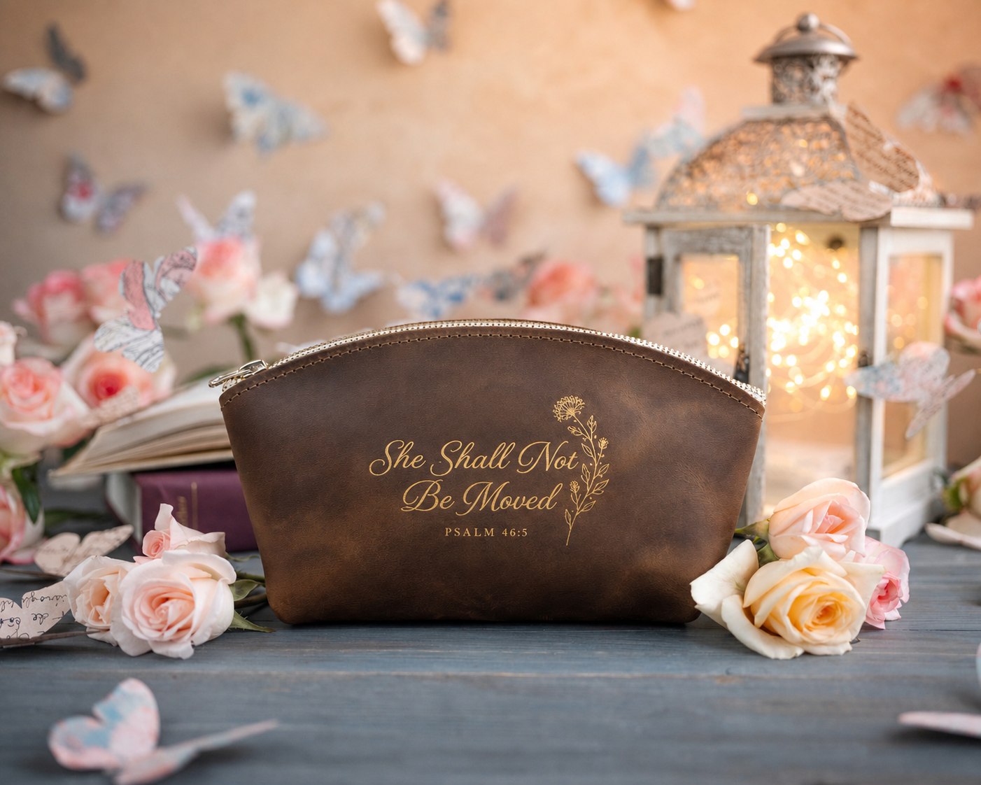 She Shall Not Be Moved Psalm 46:5 Sicilian Brown full-grain leather makeup bag, Christian scripture gift