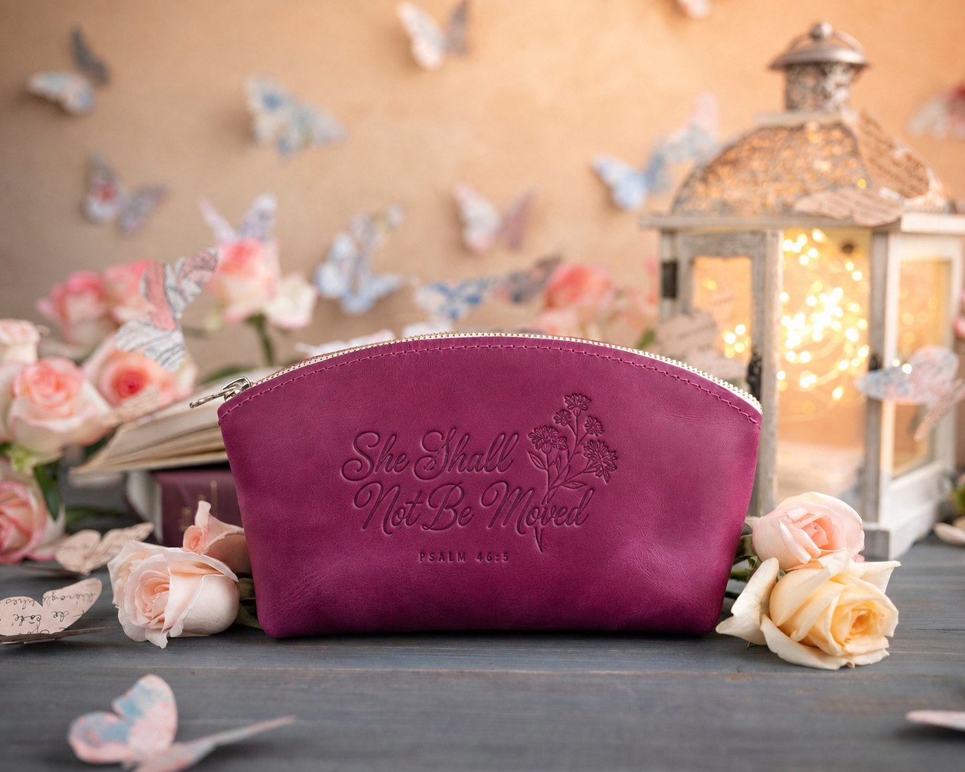 She Shall Not Be Moved Psalm 46:5 full-grain leather makeup bag, Christian scripture gift