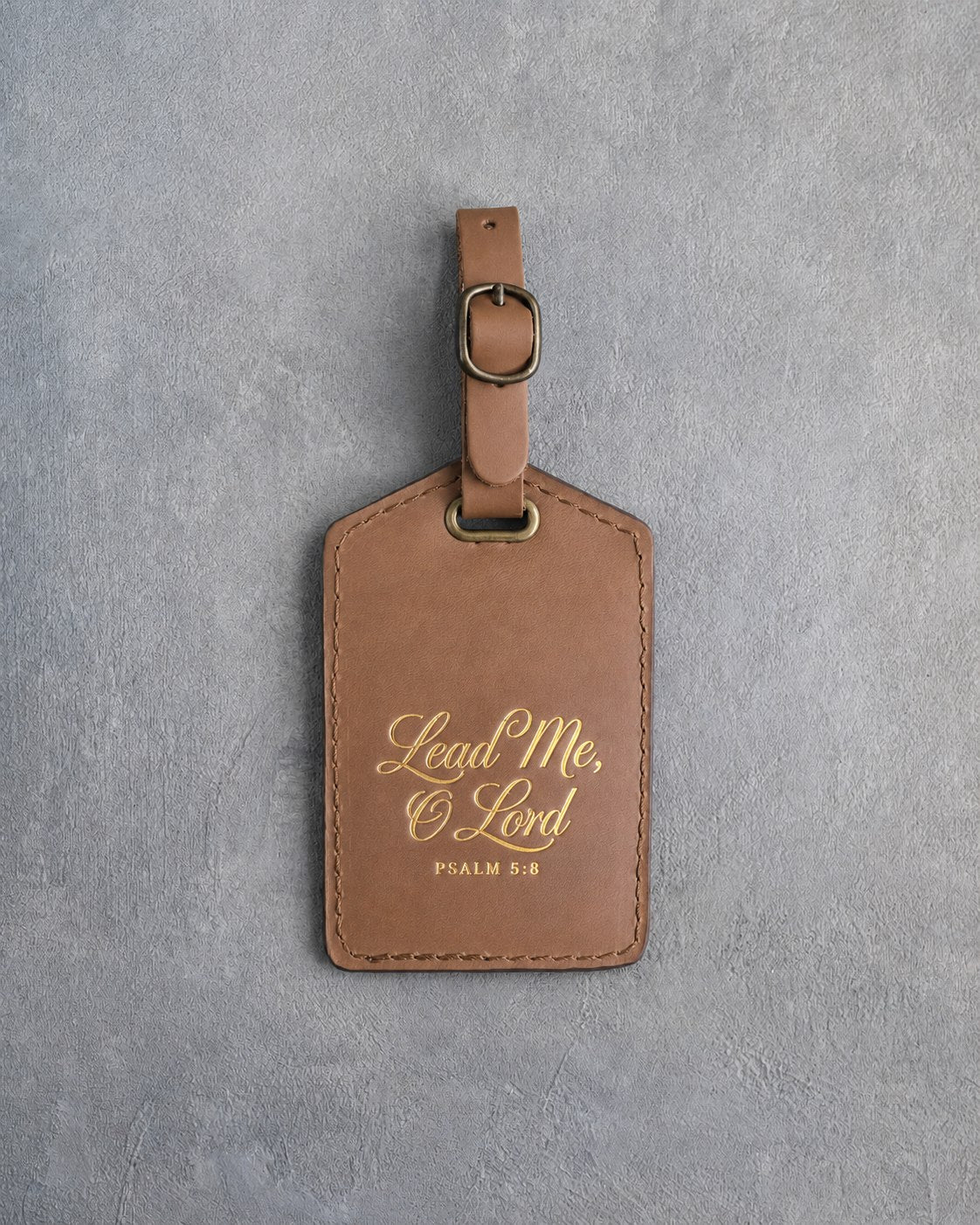 Lead Me, O Lord Psalm 5:8 Caramel full-grain leather luggage tag, Christian scripture gift