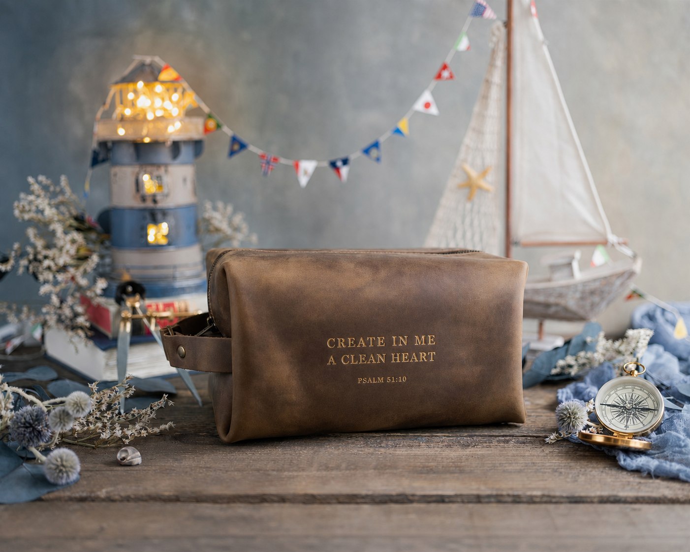 Create In Me A Clean Heart Psalm 51:10 Sicilian Brown full-grain leather dopp kit, Christian scripture gift