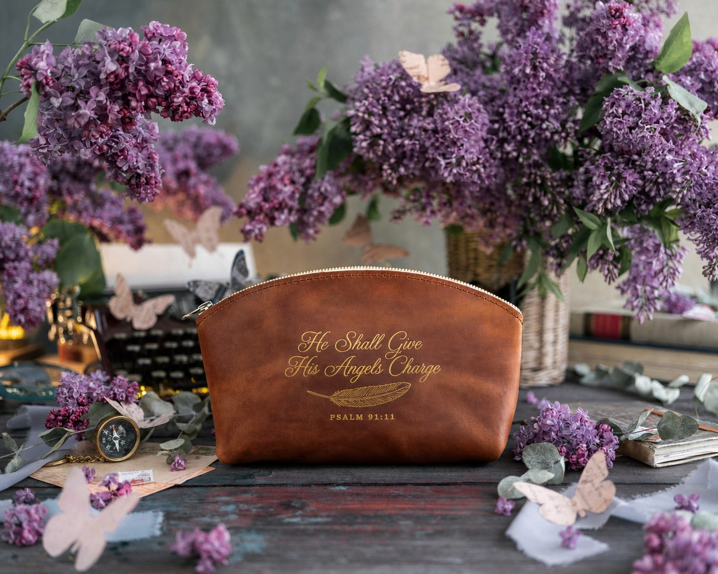 He Shall Give His Angels Charge Psalm 91:11 Arizona full-grain leather makeup bag, Christian scripture gift