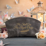 He Shall Give His Angels Charge Psalm 91:11 Country Gray full-grain leather makeup bag, Christian scripture gift