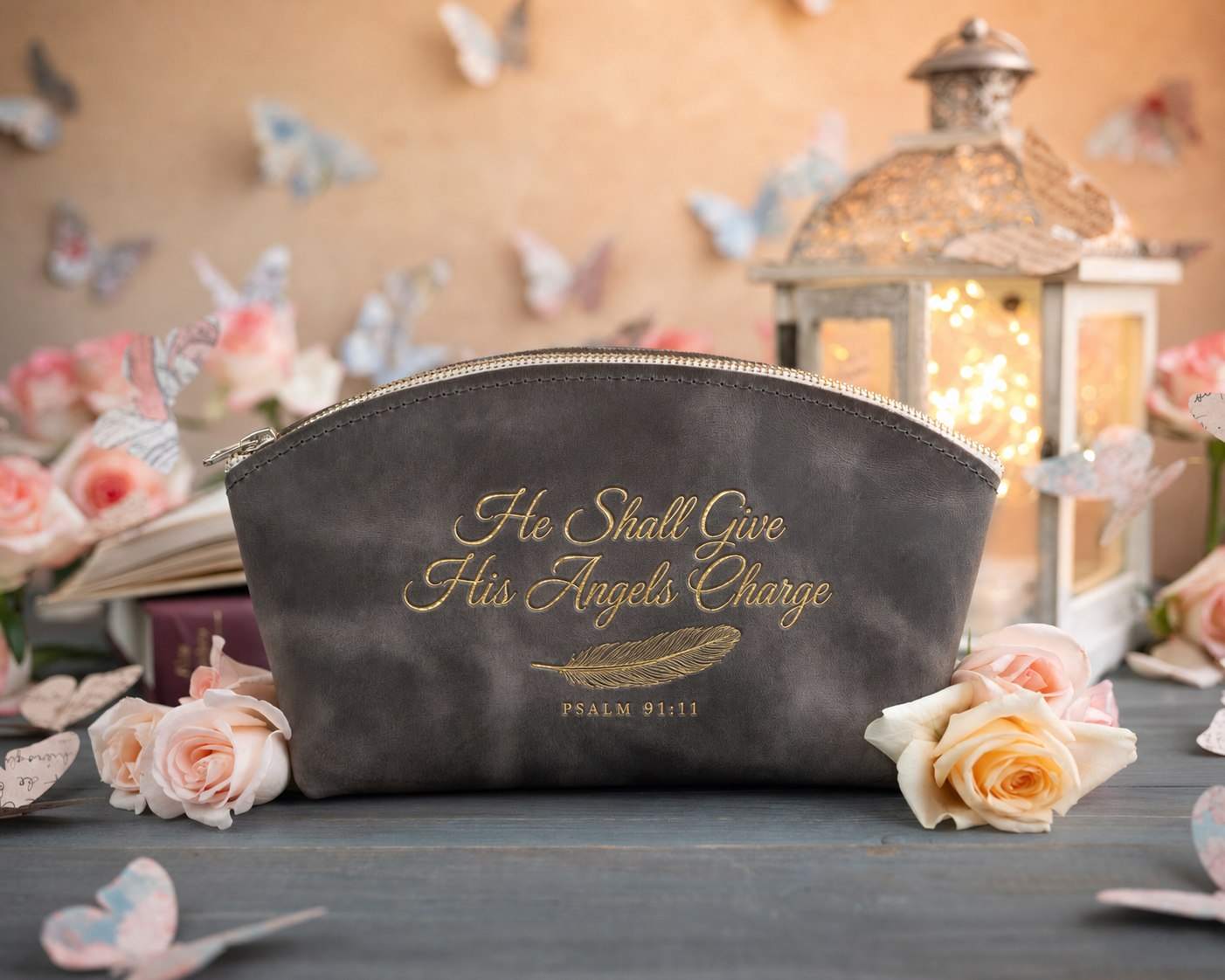 He Shall Give His Angels Charge Psalm 91:11 Country Gray full-grain leather makeup bag, Christian scripture gift