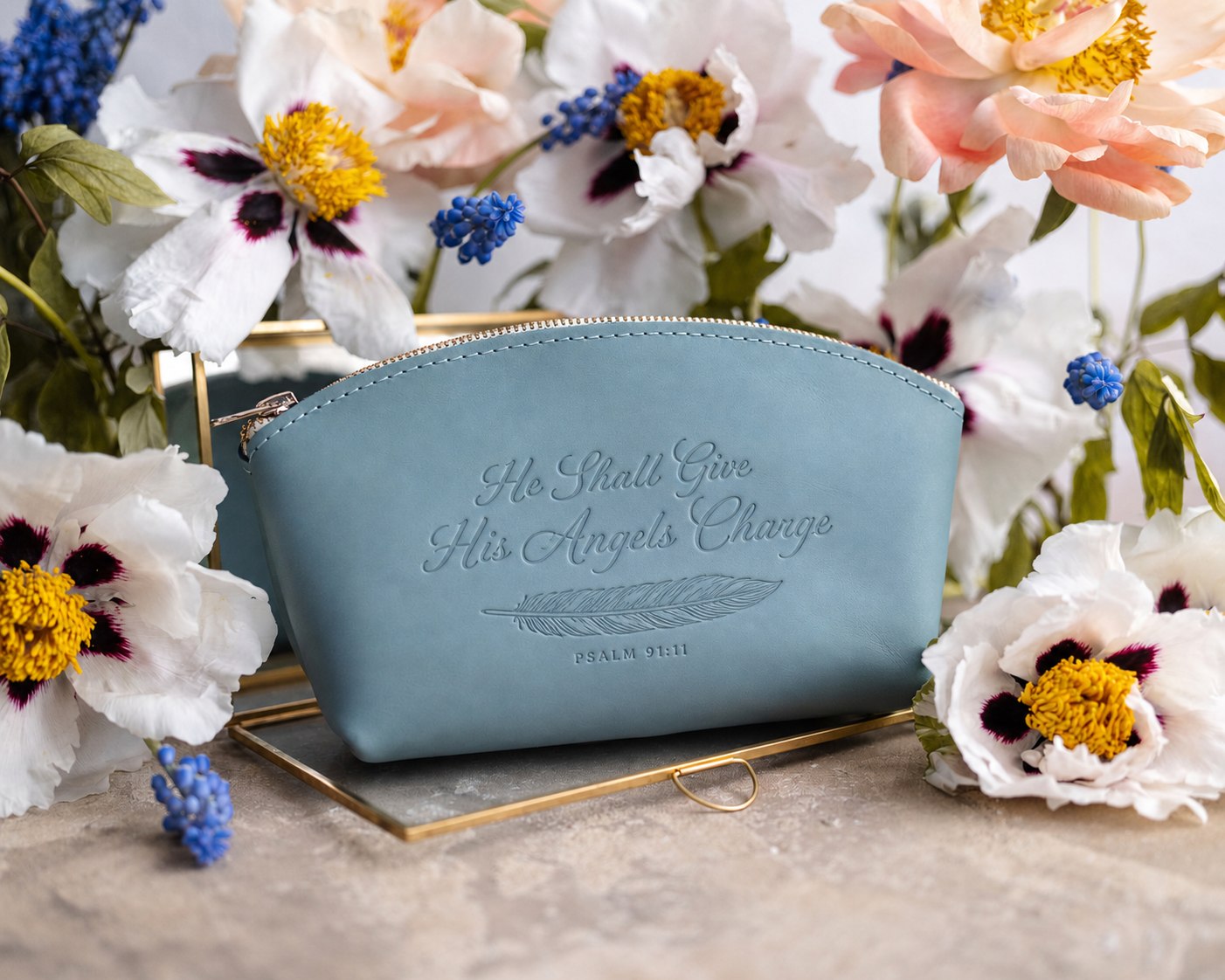 He Shall Give His Angels Charge Psalm 91:11 full-grain leather makeup bag, Christian scripture gift