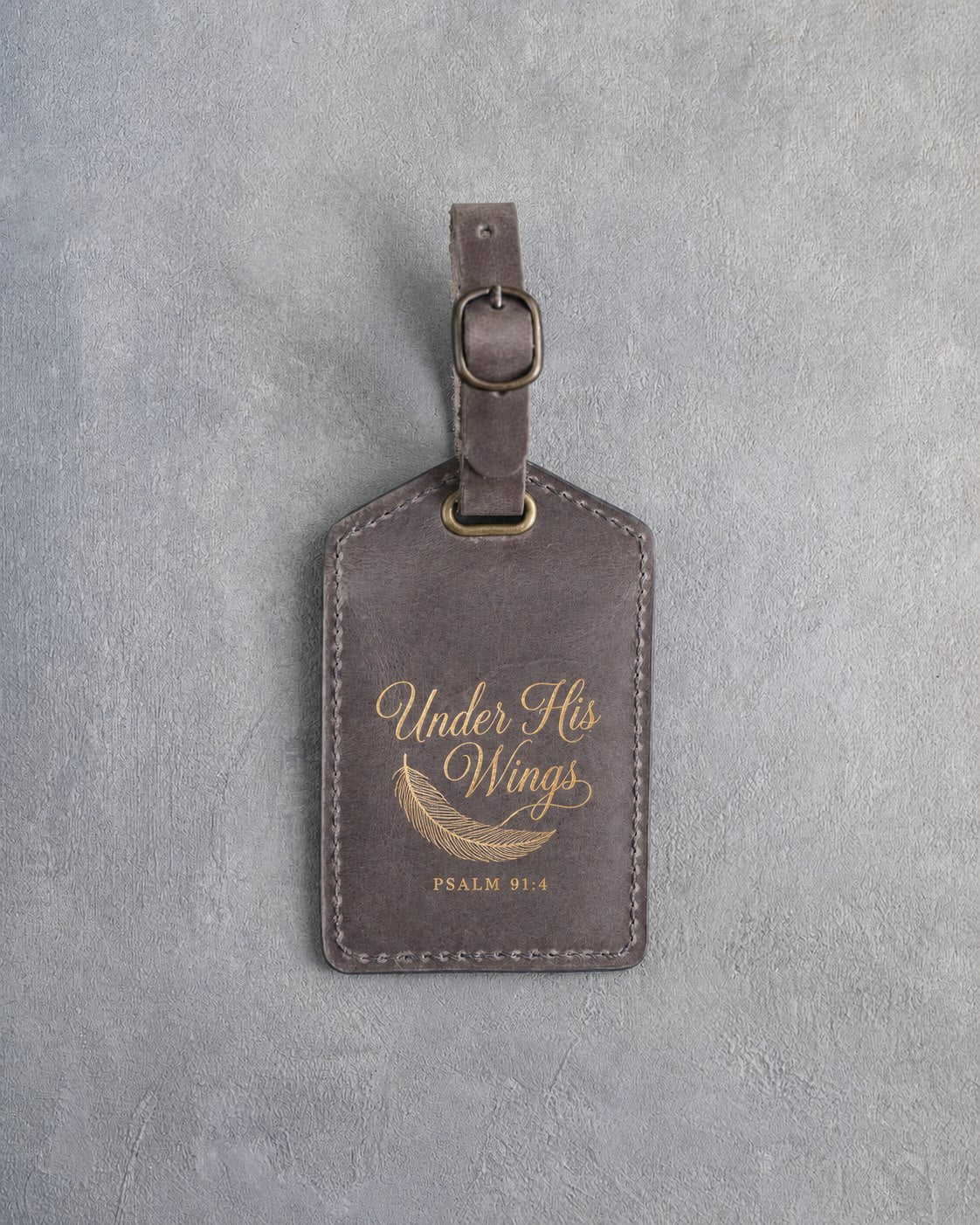 Under His Wings Psalm 91:4 Country Gray full-grain leather luggage tag, Christian scripture gift