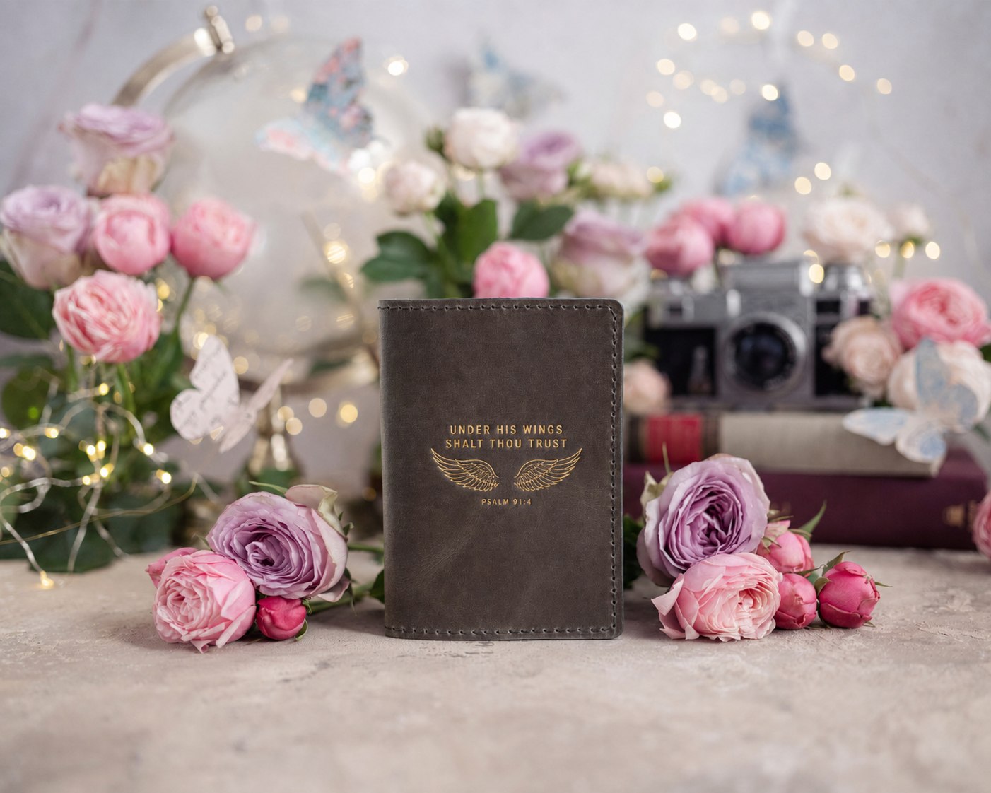 Under His Wings Psalm 91:4 full-grain leather passport cover, Christian scripture gift