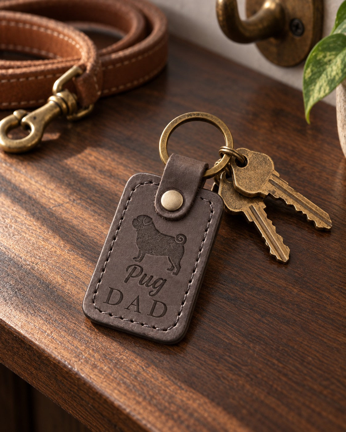 Gray Pug Dad keychain on a walnut entry table beside fanned brass keys and a coiled tan leash
