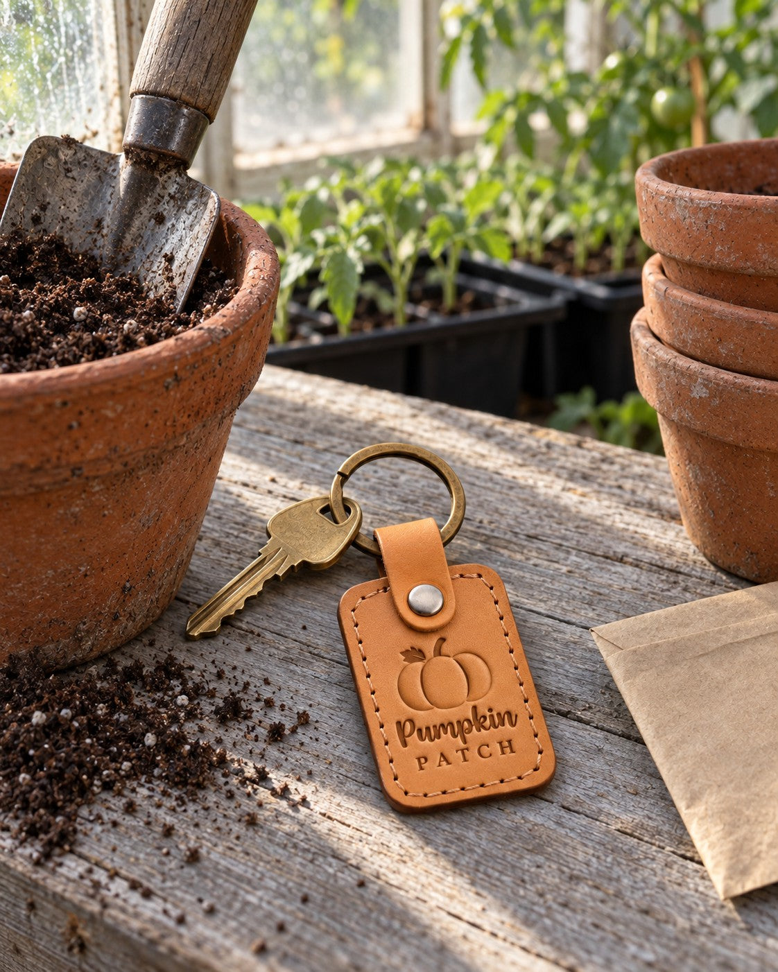 Golden tan Pumpkin Patch keychain on a hay bale beside a pile of orange pumpkins