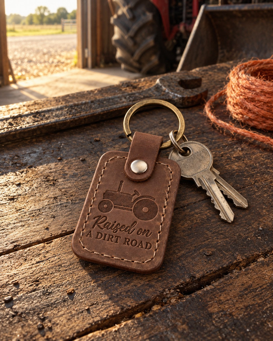 Brown Raised on a Dirt Road keychain on an oil-dark workbench in a farm shop beside a wrench and baler twine, sun coming through the open bay door