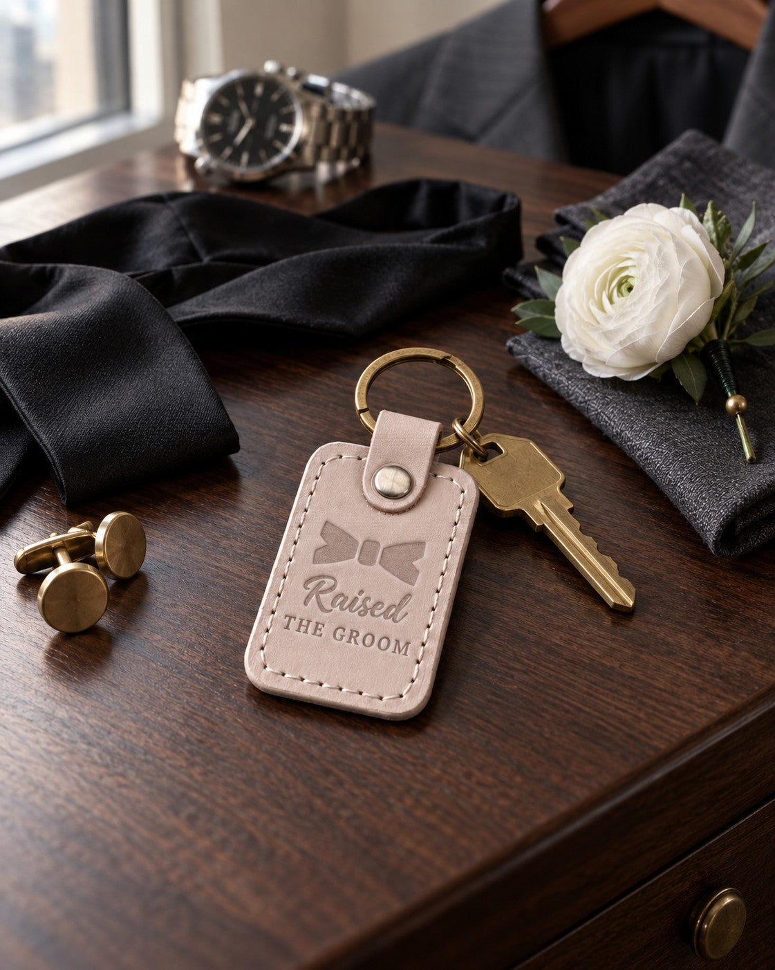 Raised THE GROOM keychain in light sand leather on a walnut dresser beside an untied black bow tie and cufflinks