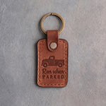 Arizona tan leather keychain debossed with a classic pickup truck above Ran when and PARKED