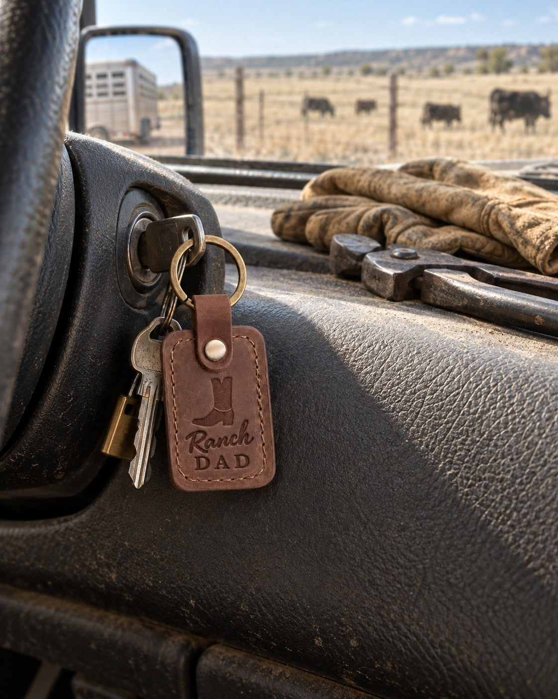 Sicilian brown Ranch DAD keychain on the ignition key of a ranch pickup, work gloves on the dash and a fence line through the windshield