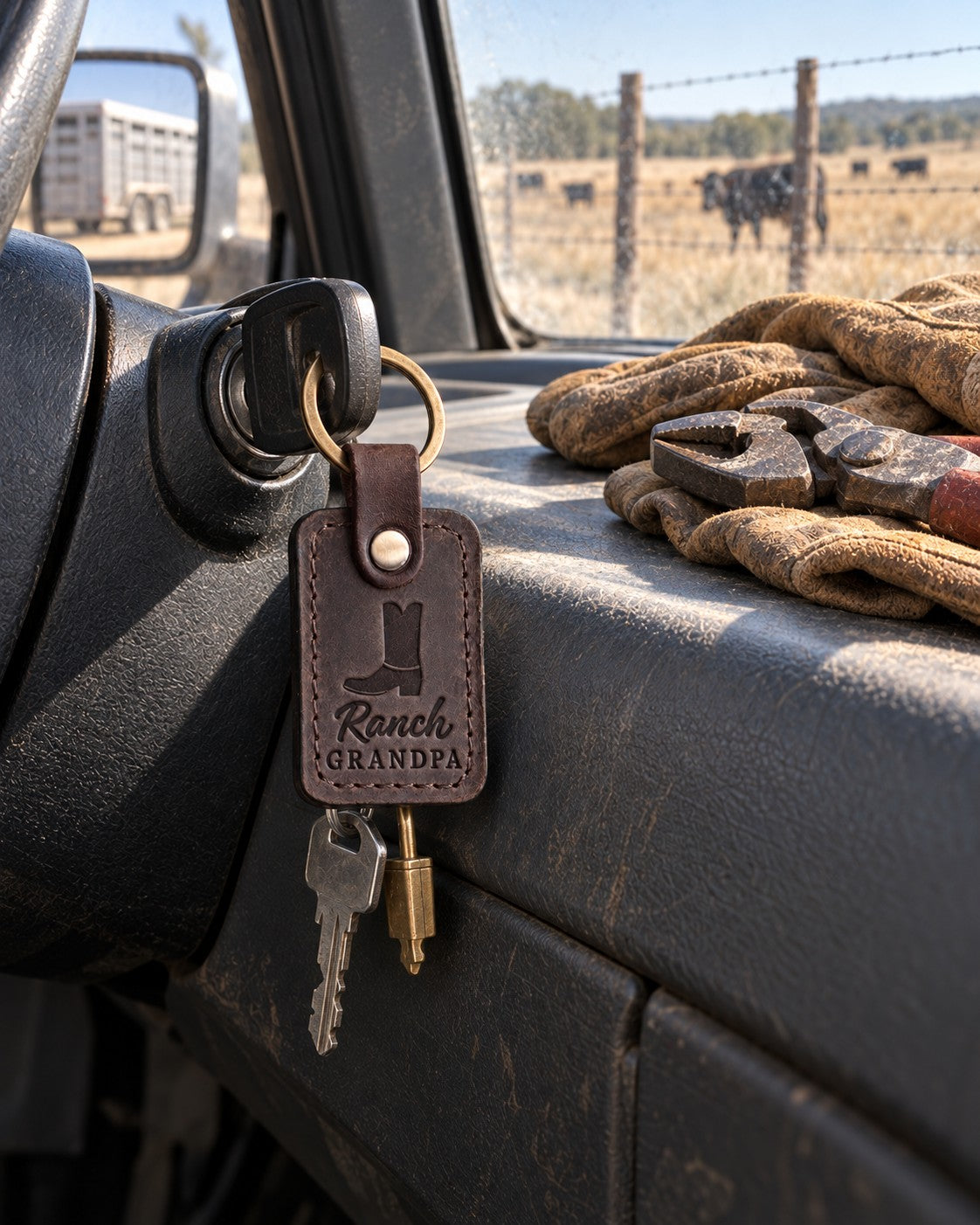 Dark espresso Ranch GRANDPA keychain on the ignition key of a ranch pickup, work gloves and fence pliers on the dash