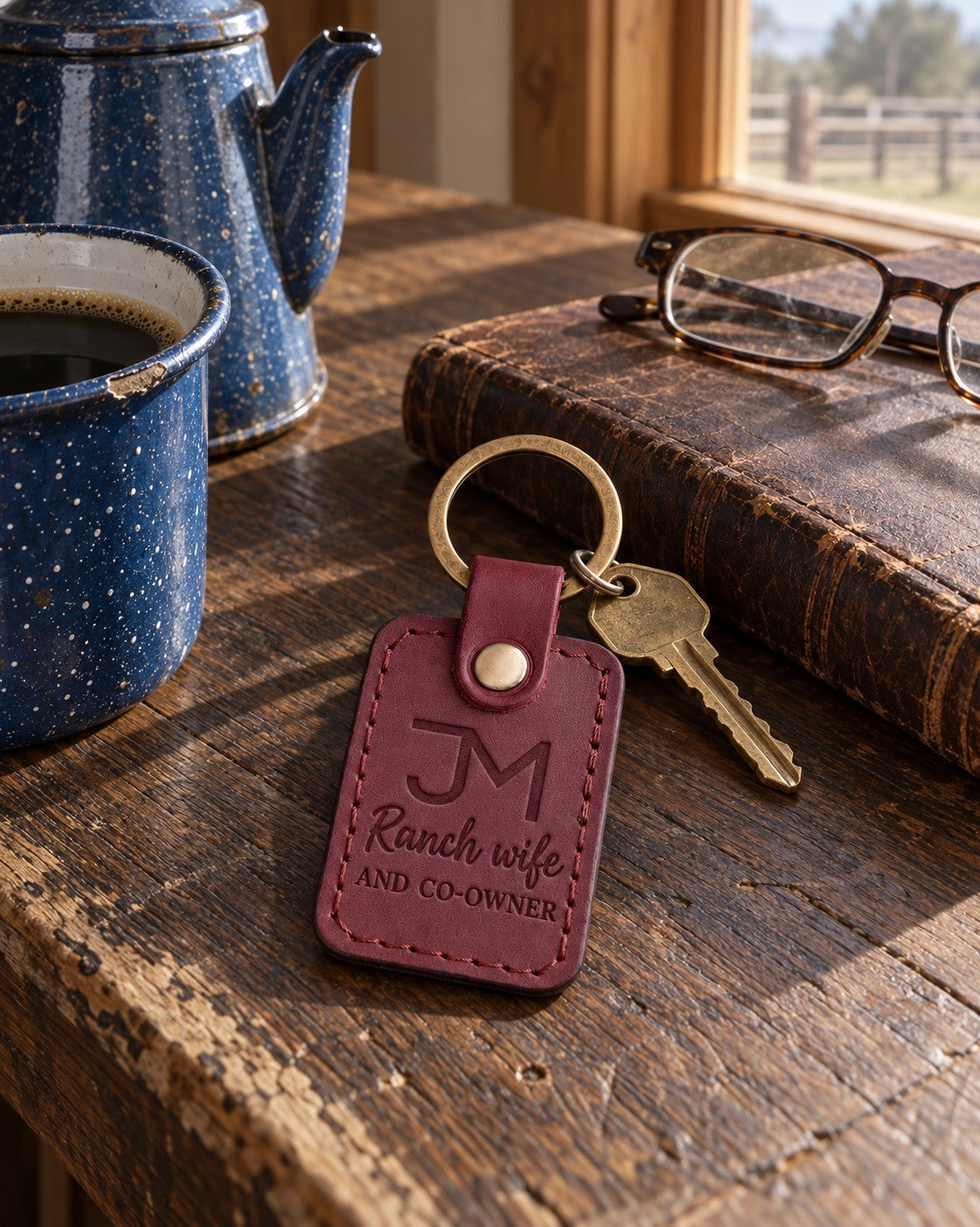 Sangria Ranch wife AND CO-OWNER keychain resting on a closed leather ledger on a dark oak kitchen table
