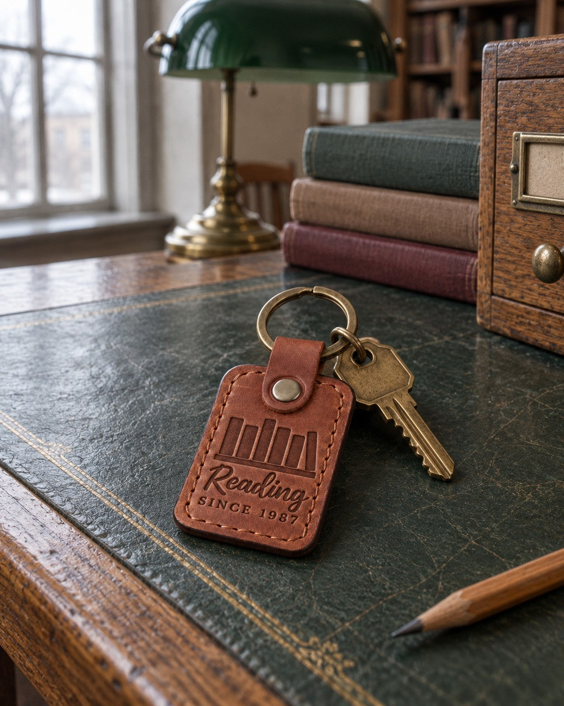 Tan Reading SINCE 1987 keychain on a wooden side table next to a worn paperback and a cup of tea