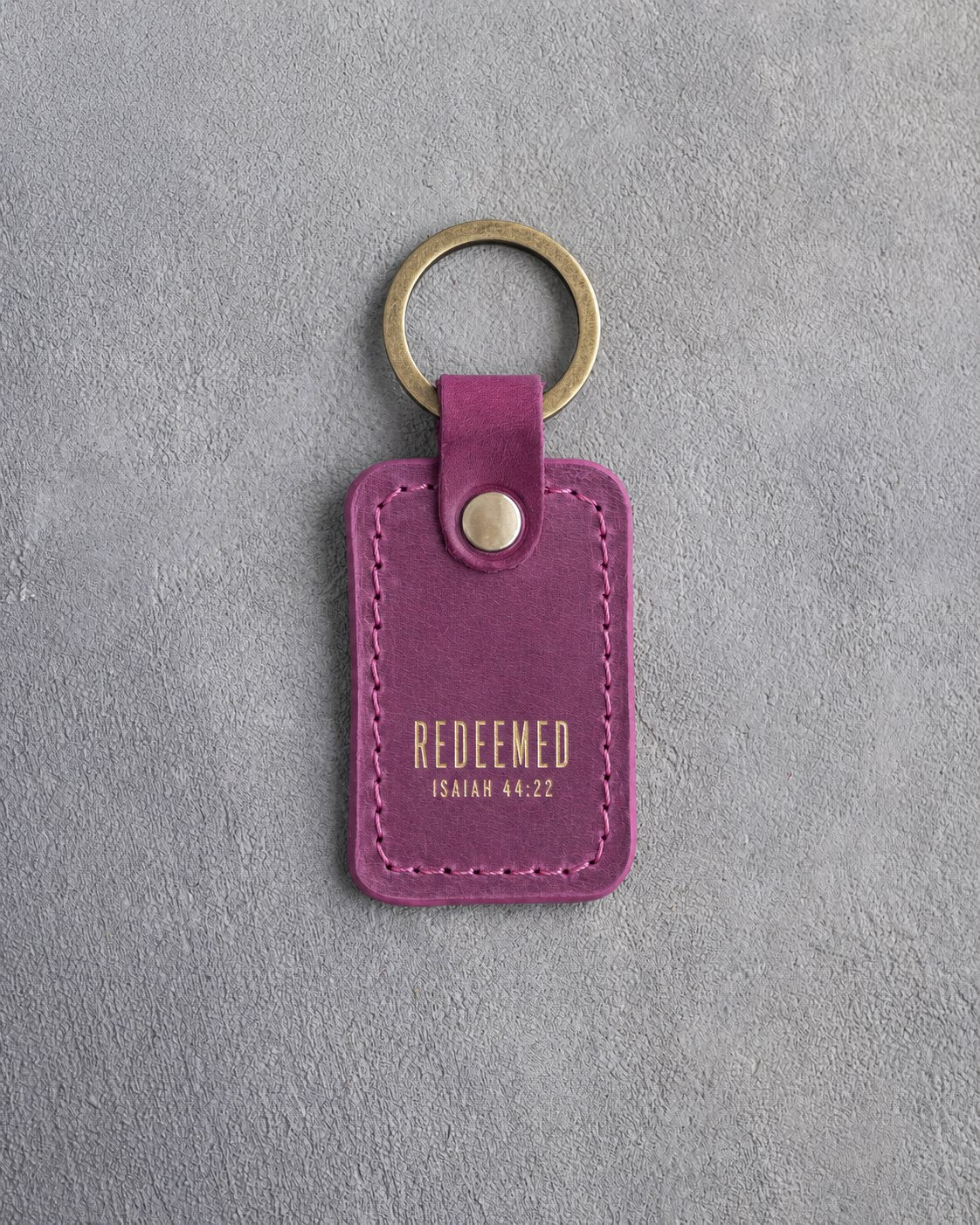 Redeemed Isaiah 44:22 Fuchsia handcrafted leather keychain, Christian scripture gift