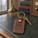 Brown Reference DOES NOT LEND keychain hanging from a bookcase key beside rows of hardcovers