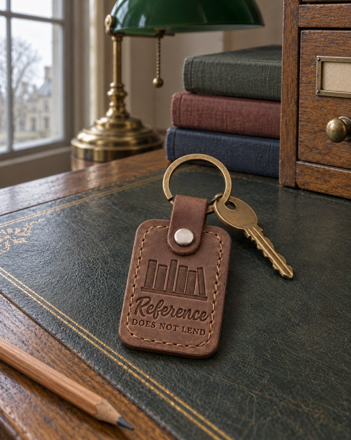 Brown Reference DOES NOT LEND keychain hanging from a bookcase key beside rows of hardcovers
