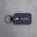 Rejoice Phil. 4:4 Blueberry handcrafted leather keychain, Christian scripture gift