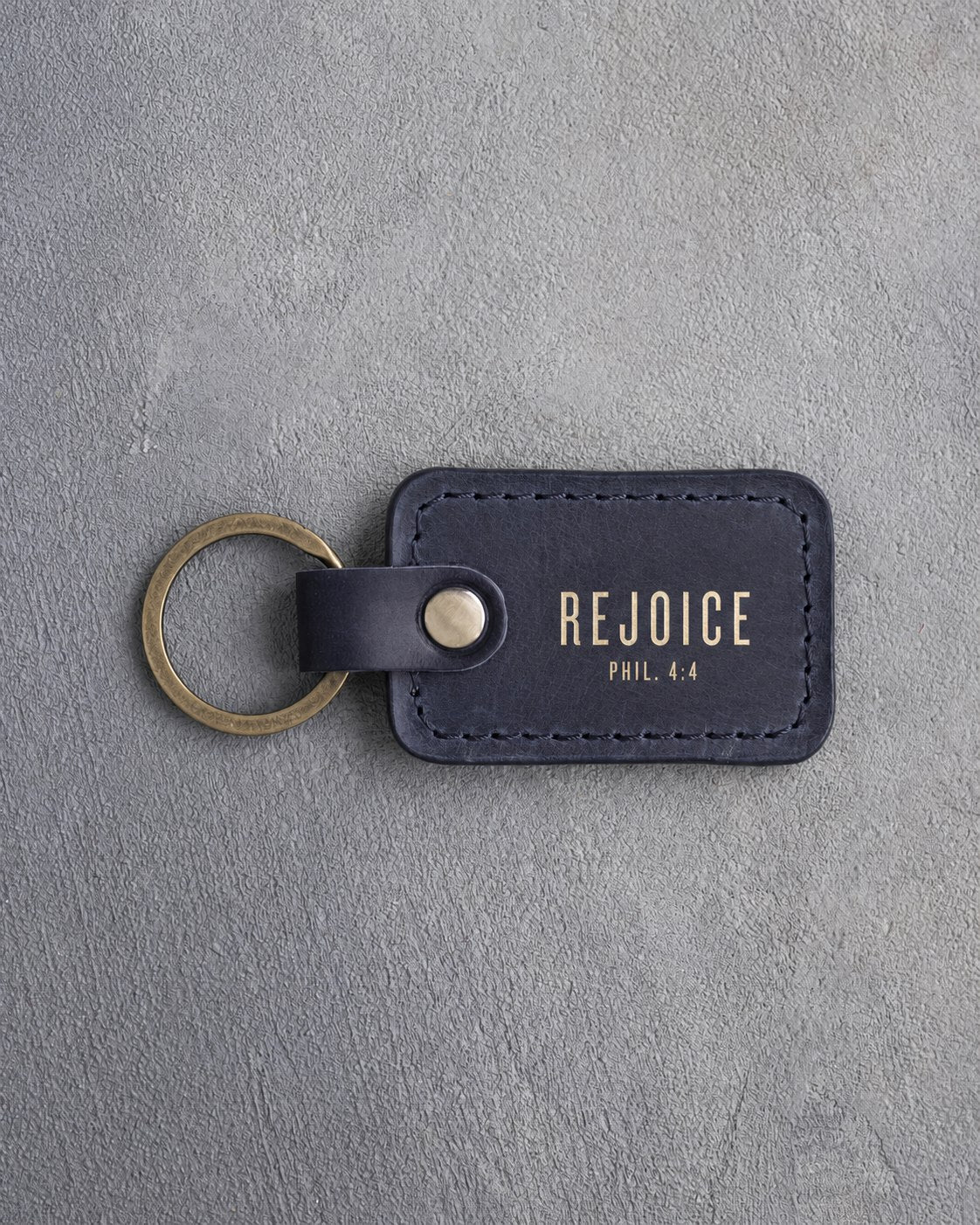 Rejoice Phil. 4:4 Blueberry handcrafted leather keychain, Christian scripture gift